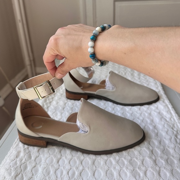 Journee Loreta Loafer Flats Vegan Leather Ivory Buckle Straps Square Toe 1” Heel - Picture 10 of 16